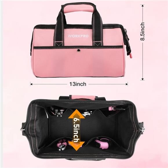 13-Inch Tool Bag, Pink Soft Cloth Tool Storage Bags, Wide Mouth Tool - Picture 2 of 7